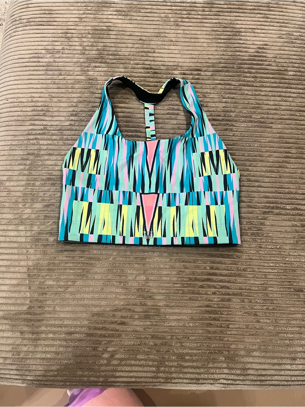 Victoria's Secret VSX Sport Bra — Black with Mint & Neon Yellow Geo
